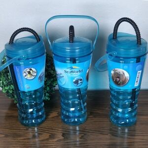 Set 3-SeaWorld Orlando Souvenir Cup Water Bottle with Straw and Handle‎ Reusable